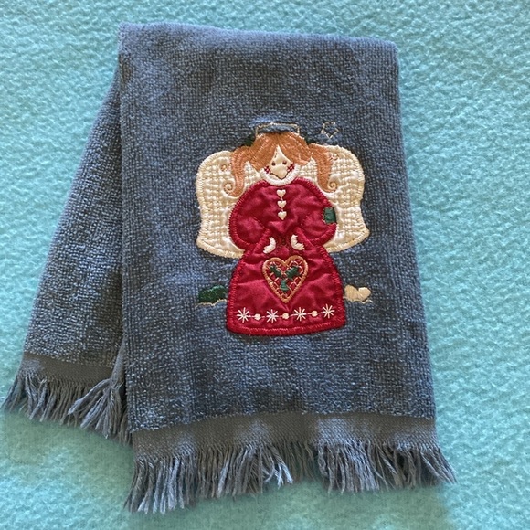 CHRISTMAS ANGEL metallic embroidered hand towel finger tip towel fringe edge - Picture 1 of 6